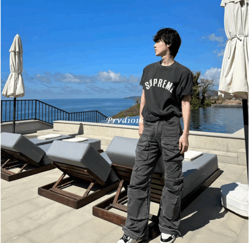 實拍 免運 Supreme 爆裂紋 logo 寬鬆 水洗 短袖 前後字母 短T T恤 黑色 藍色 米色 粉紅色：圖片 2