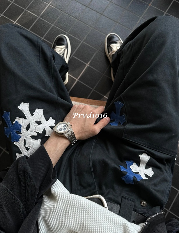 實拍 免運 法國 克羅心 十字 十字架 貼布 logo 工裝褲 工作褲 長褲 褲子 多口袋 寬褲 寬工作褲 黑色 牛仔褲 牛仔長褲:圖片 2