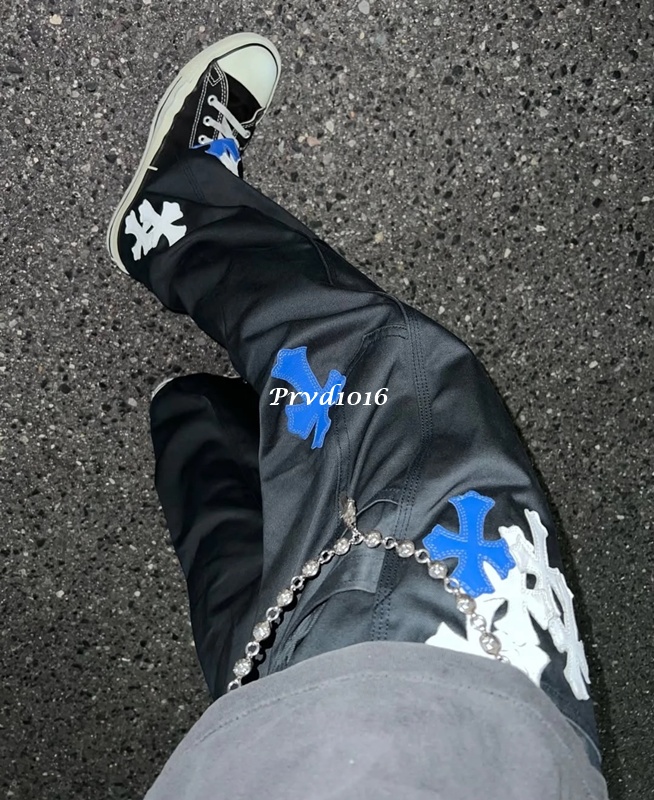 實拍 免運 法國 克羅心 十字 十字架 貼布 logo 工裝褲 工作褲 長褲 褲子 多口袋 寬褲 寬工作褲 黑色 牛仔褲 牛仔長褲:圖片 3