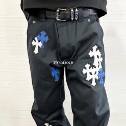 實拍 免運 法國 克羅心 十字 十字架 貼布 logo  工裝褲 工作褲 長褲 褲子 多口袋 寬褲 寬工作褲 黑色 牛仔褲 牛仔長褲