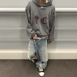 Alternative view of 實拍 免運 韓系潮流 TC 月牙十字 破壞帽T 重磅衛衣 水洗做舊 寬鬆落肩 美式街頭 CITYBOY風格 韓國克羅心 男女同款