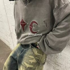 實拍 免運 韓系潮流 TC 月牙十字 破壞帽T 重磅衛衣 水洗做舊 寬鬆落肩 美式街頭 CITYBOY風格 韓國克羅心 男女同款