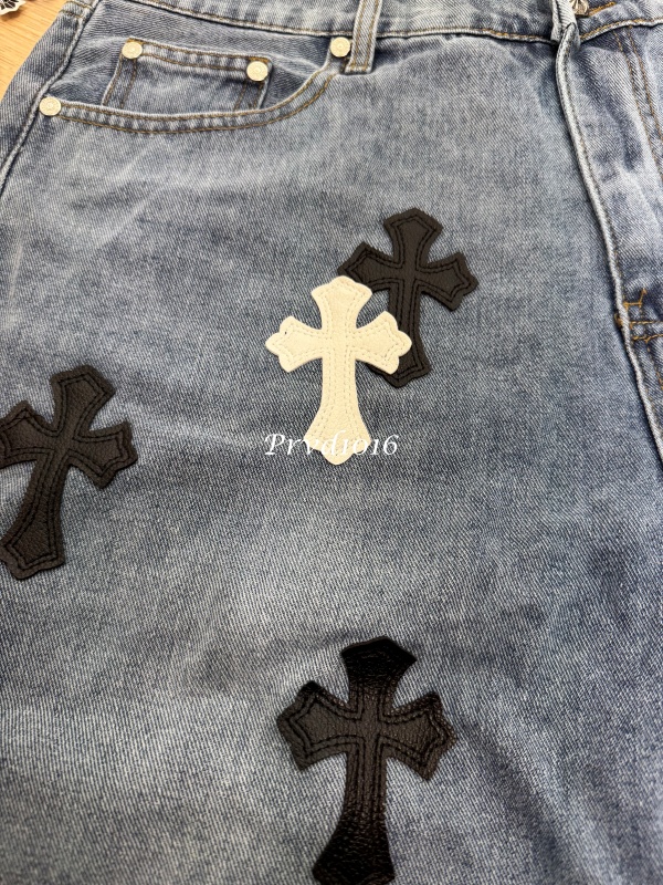 實拍免運 Chrome Hearts 克羅心 經典十字架 皮貼 水洗 丹寧短褲 牛仔短褲 頂級工藝 潮流穿搭 高街 奢華:圖片 4