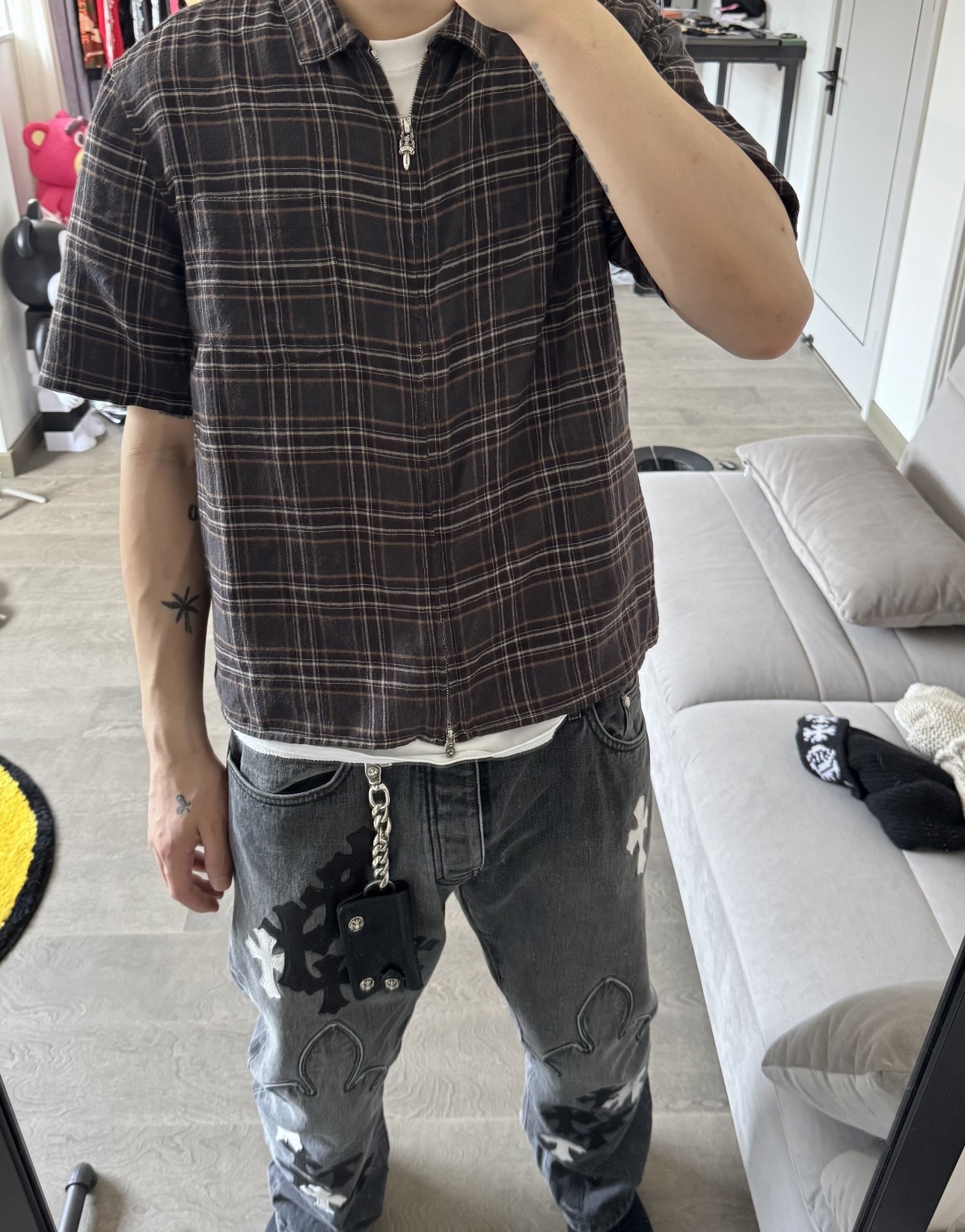 實拍免運 Chrome Hearts 克羅心 經典暗黑格紋 925 匕首拉鍊 短袖襯衫 街頭 高端 玩家 必備 奢華 硬核 美式 穿搭