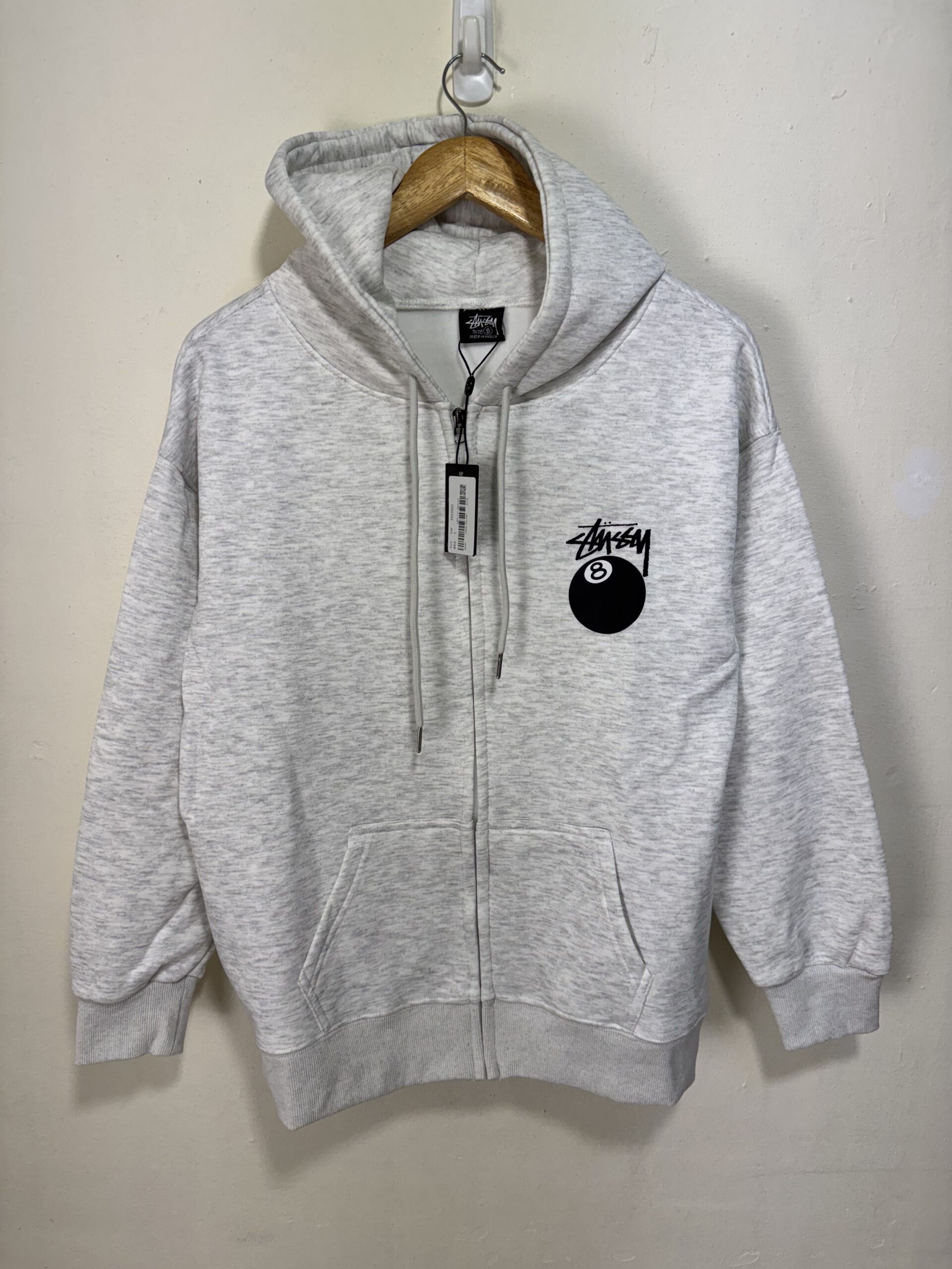 (現貨專區) 實拍免運 Stussy 8 Ball 經典八號球 字母 Logo 刷毛連帽外套 拉鍊外套 潮流男女同款 灰色:圖片 3
