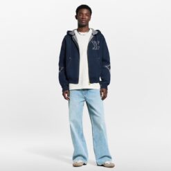 (現貨專區)實拍免運 Louis Vuitton LV 字母標誌拼接老花連帽外套 頂級奢華 休閒 潮流 穿搭 男款 深藍色：圖片 7